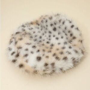 White Leopard Print Fuzzy Faux Fur Beret